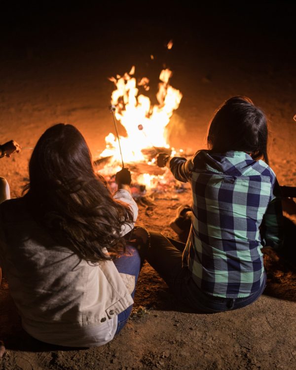 Campers next to the campfire roasting marshmallows in forest